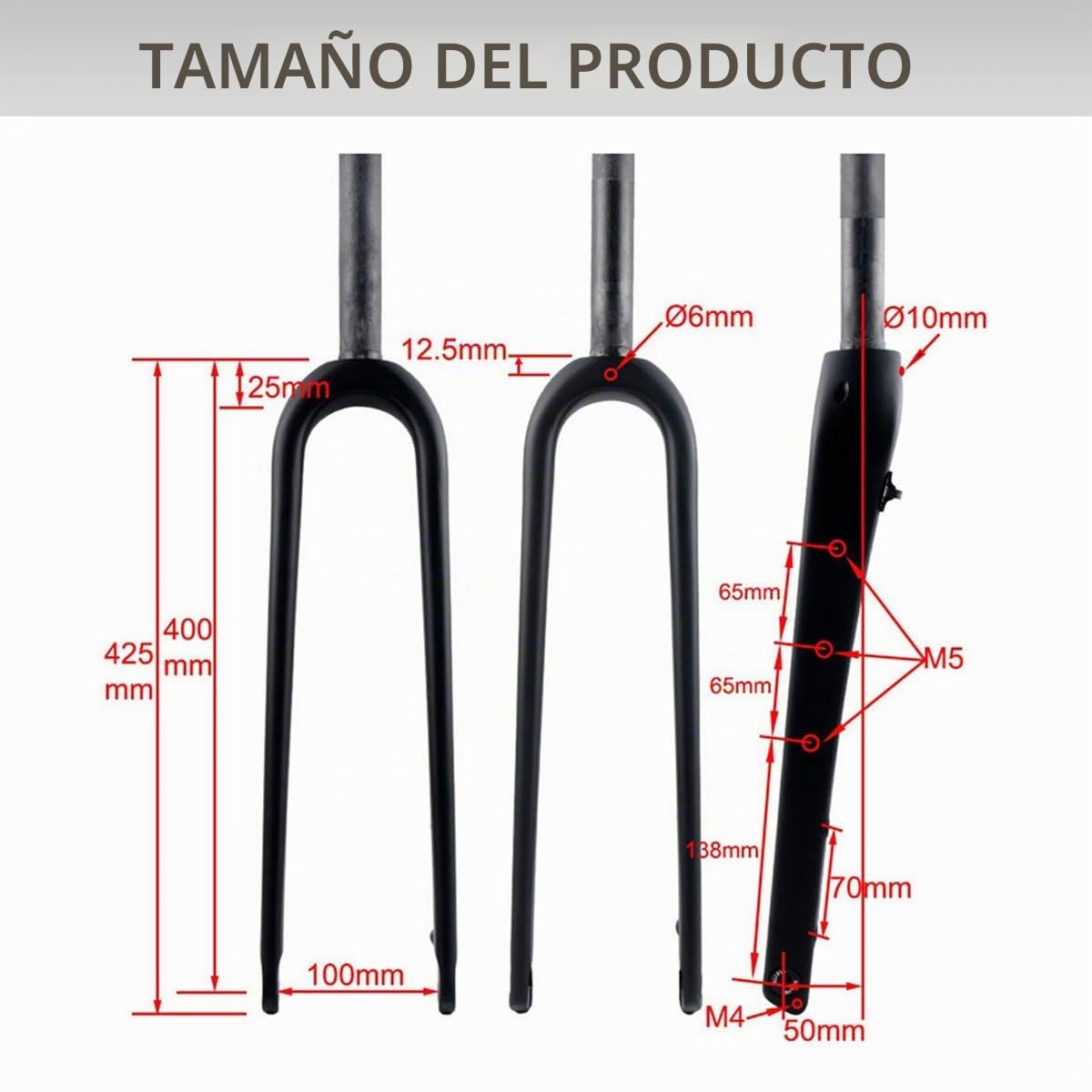 Horquilla rígida de Fibra de Carbono Bicicleta de Carretera Gravel 700C, QR 9 x 100 mm, Tubo Recto/cónico de 1-1/8", 28,6 mm, Delantera rígida para neumáticos 55C, fre
