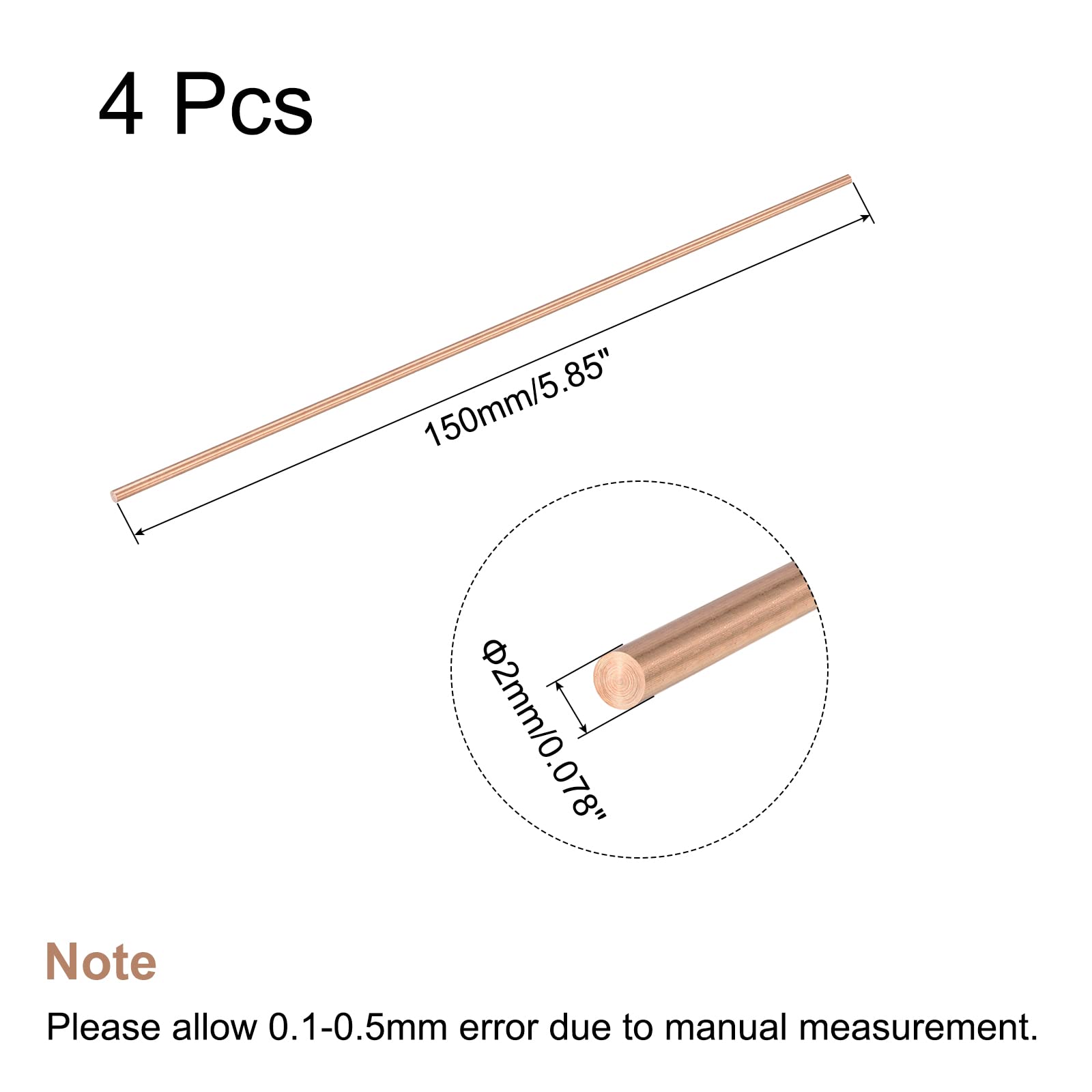 sourcing map Lot de 4 barres rondes en cuivre massif de 2 mm de diamètre 150 mm de long pour loisirs créatifs CNC