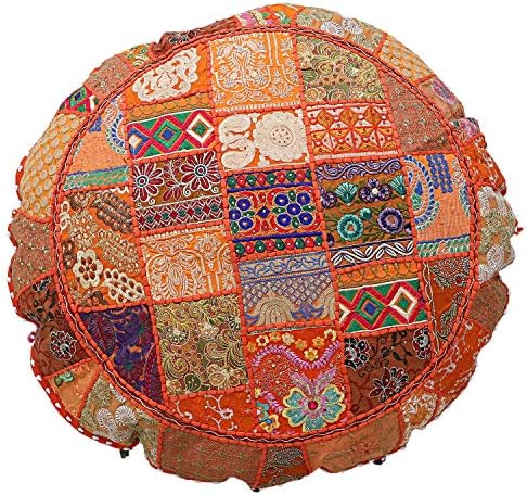 GANESHAM Indian Handmade Vintage Patchwork Cotton Boho Chic Bohemian Hand Embroidered Decorative Ethnic Foot Stool Round Floor Pillows & Cushion Cover Seating Pouf Ottoman (Orange, 32 inch)