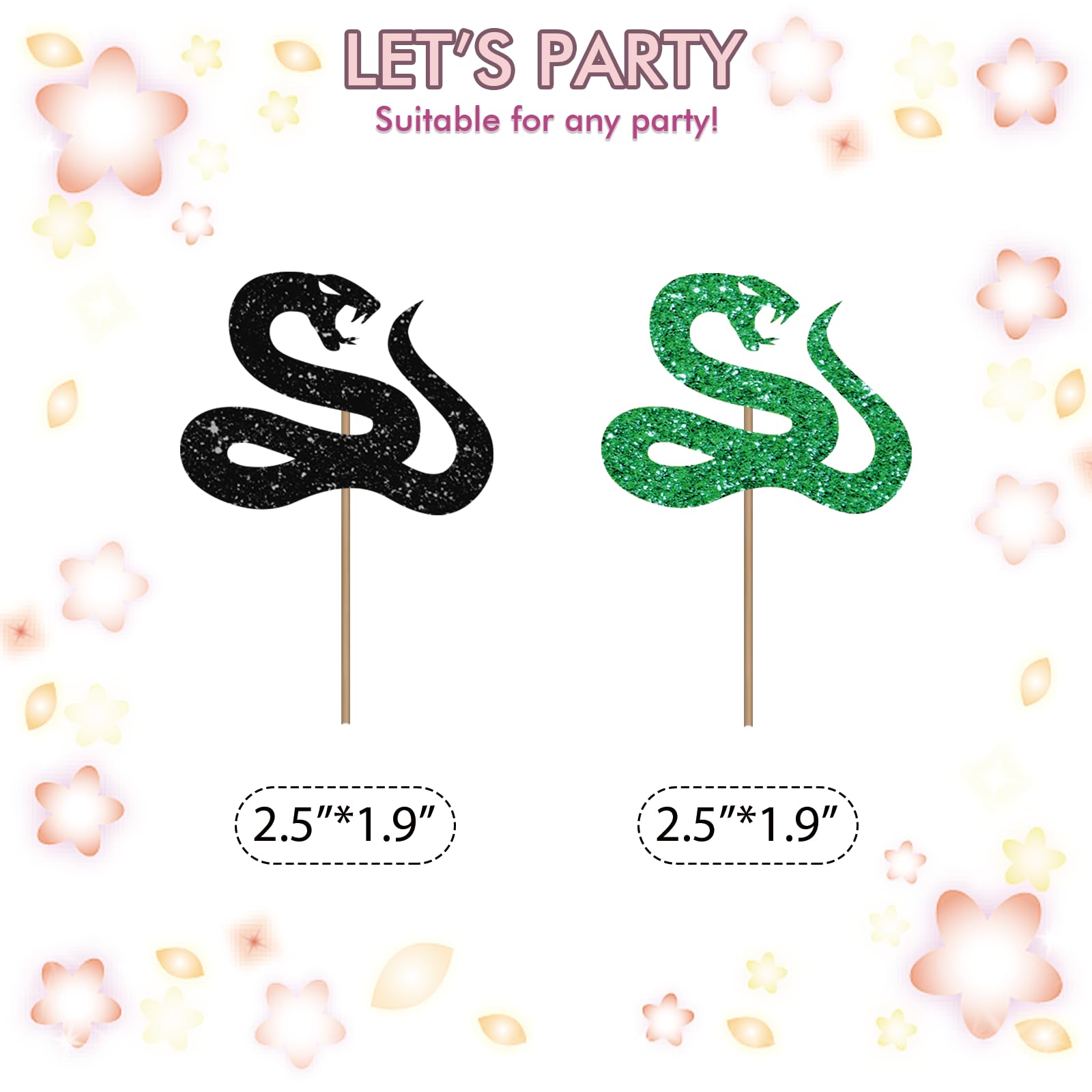 Set of 24 Snake Cupcake Toppers for Reptile Pet Theme Party, Black & Green Glitter Snake Sign Cupcake Toppers, Cake Decorations for 1st Birthday/Animal Theme Party Supplies
