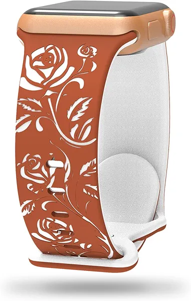 Floral Engraved Band Compatible with Apple Watch Bands 40mm 41mm 38mm 44mm 45mm 42mm 49mm Women, Cute Two Tone Flower Soft Silicone Sport Strap for iWatch Series 10 9 8 7 6 5 4 3 2 1 SE Ultra 2