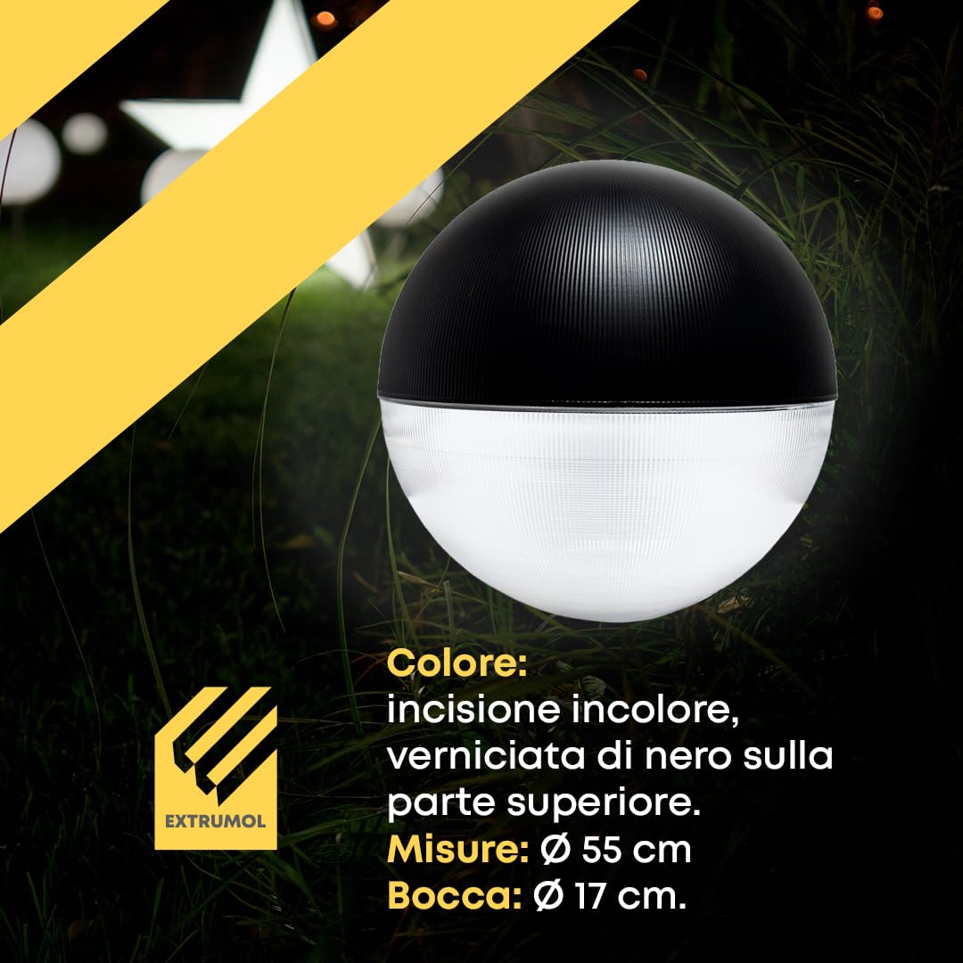 Globo Lampione da Esterno 55CM Anti-inquinamento Luminoso in Policarbonato Inciso e verniciato in NERO parte superiore. Apertura 17 cm.