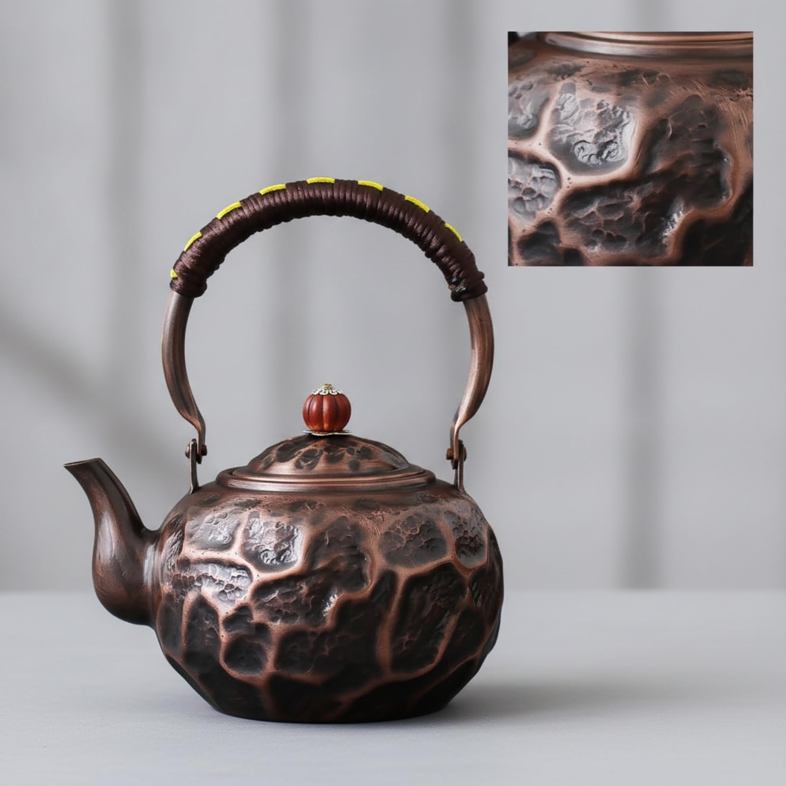 Tetera de Cobre Hecha a Mano Tetera Hervidor Jarra Caldera con Textura Martillada y Curvo Compatible con Gas y Vitrocerámica Asa Ergonómica con Cordón