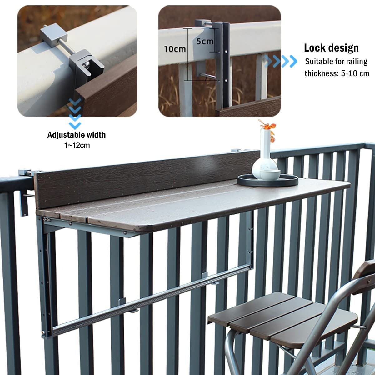 Tavolino da Balcone Pieghevole, 5 Altezze Regolabili, Tavolo da Appendere per Giardino, Terrazza, Cortile, Tavolino da Esterno, Profilo in Alluminio