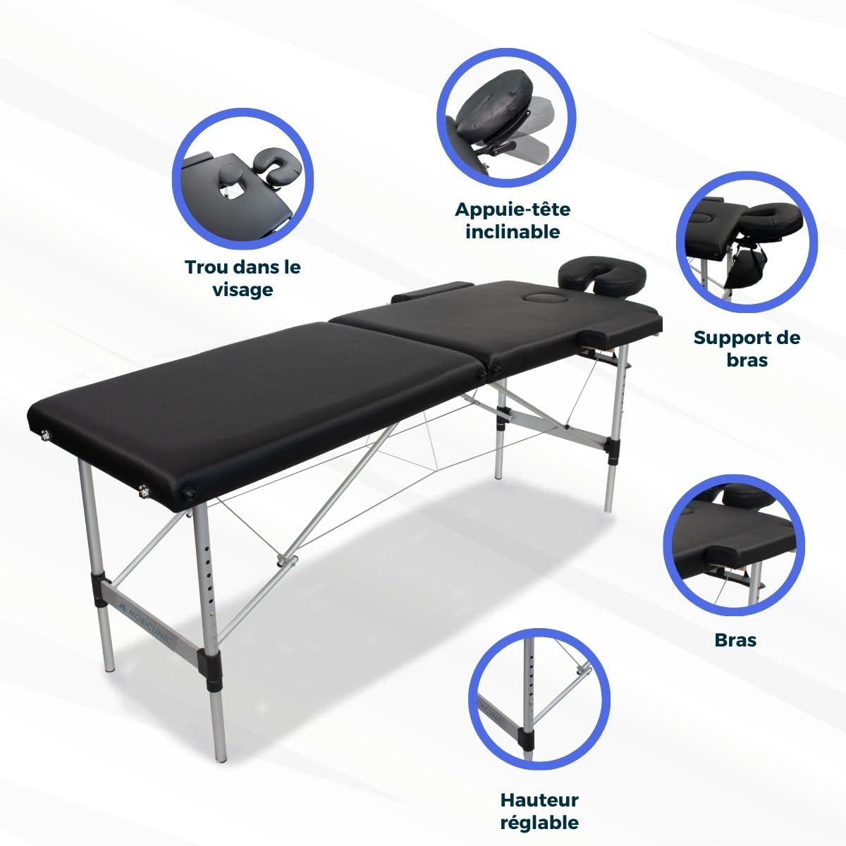 Mobiclinic®, Table de Massage Pliante Aluminium, Portable, Réglable en Hauteur, Appui-Tête, 186x60 cm, CA-01 Light, Sac Transport, Supporte 150 kg, Professionnelle 2 Zones, Noir