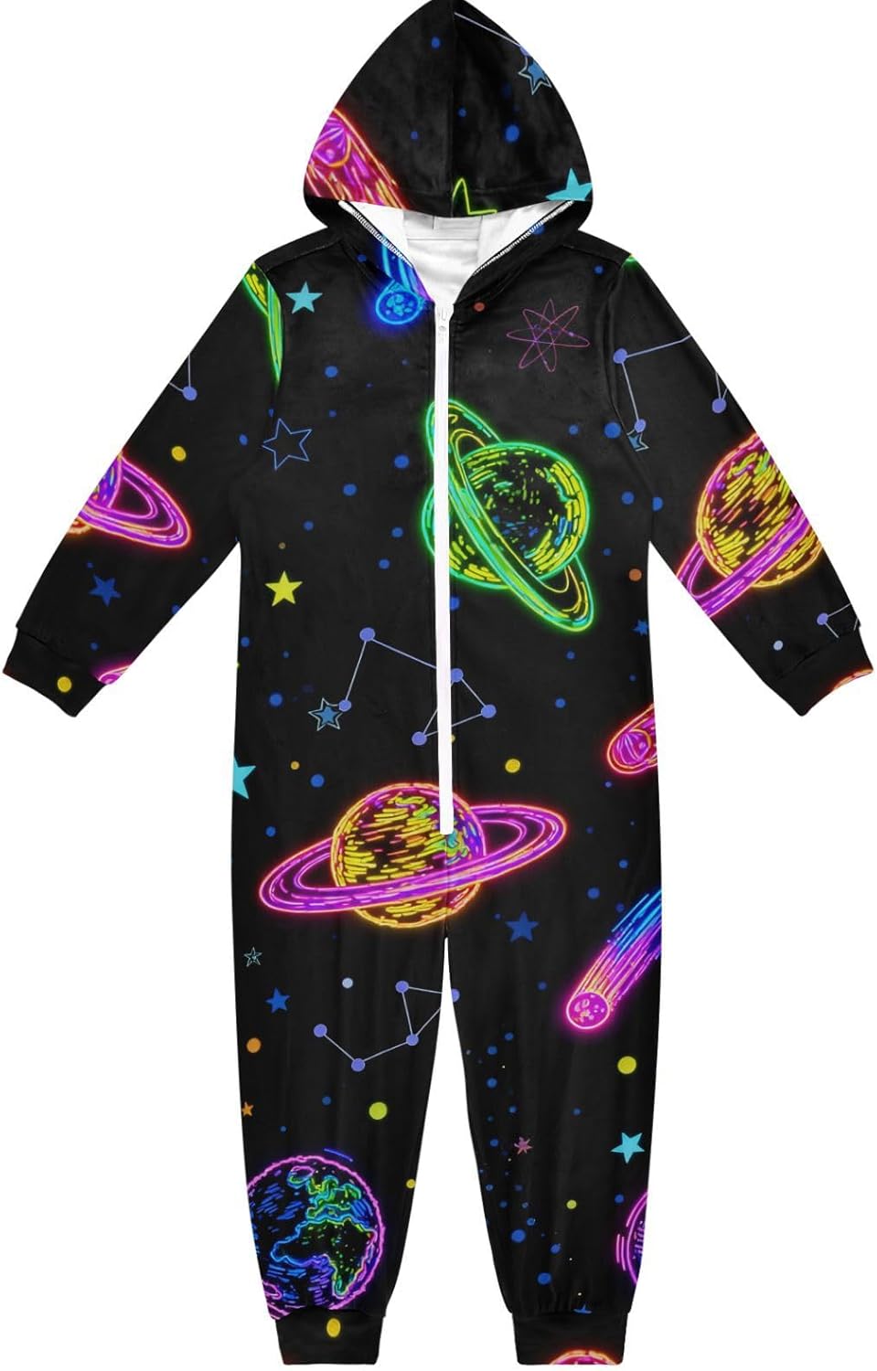 Colorful Fluorescent Planet UniversePajamaZip Up Hooded One-Piecing Jumpsuitsfor Parties Sleepovers
