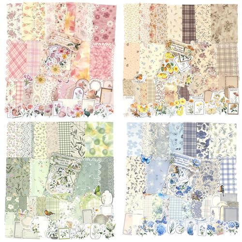OKUPAN Scrapbook Supplies Kit 400Pcs Vintage Floral Scrapbook Paper & Junk Journal Stickers 4 Pack Journaling Supplies for Bullet Journaling Retro Crafts Planner Mixed Media Collage Card Album
