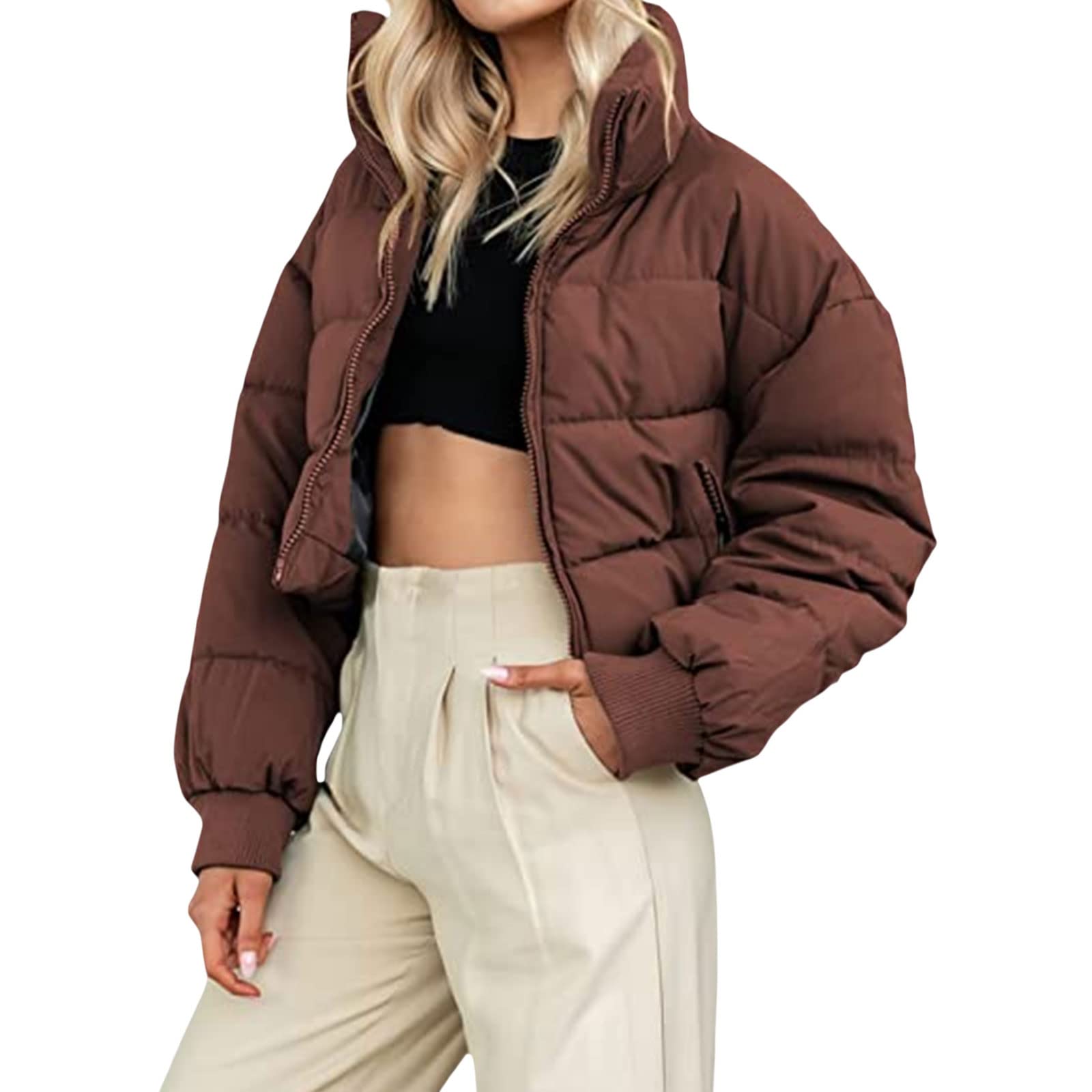Chaqueta Acolchada Recortada De Invierno para Mujer Chaqueta Holgada Corta Cálida Combina Bien con Suéteres, Vestidos, Jeans, Botas O Zapatillas De Deporte (B Coffee Large)