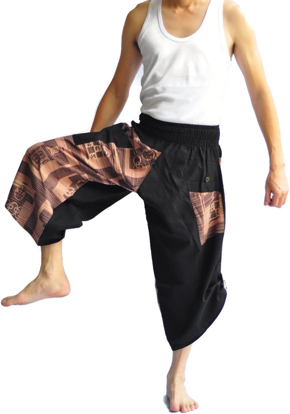 Unisex 2 Tone Thai Fisherman Pants Yoga Trousers Free Size Cotton Black and Brown Leaf Design
