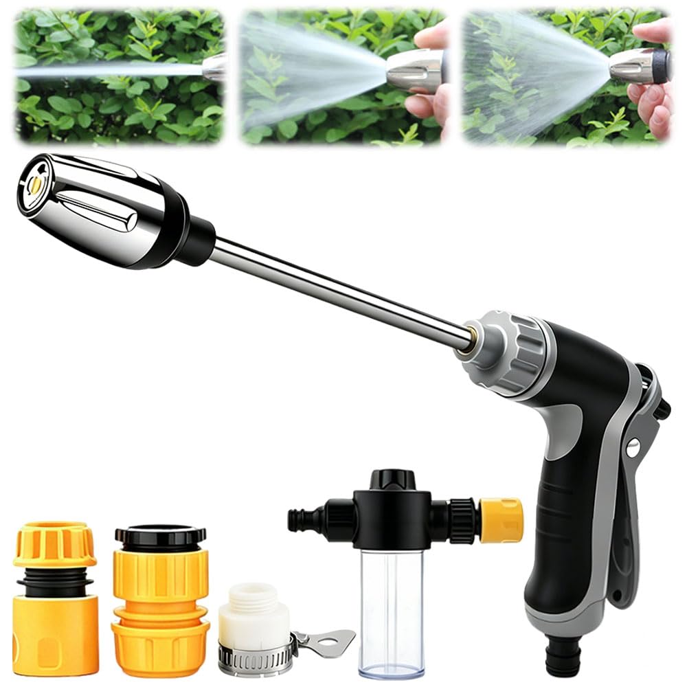 Aquoxis Pressure Washer, High Pressure Washer Gun, Garden Hose Spray Gun with 3 Nozzles, Long Rod Car Washing Nozzle with Foam Pot, 360° Adjustable Nozzle for Garden Patio Car