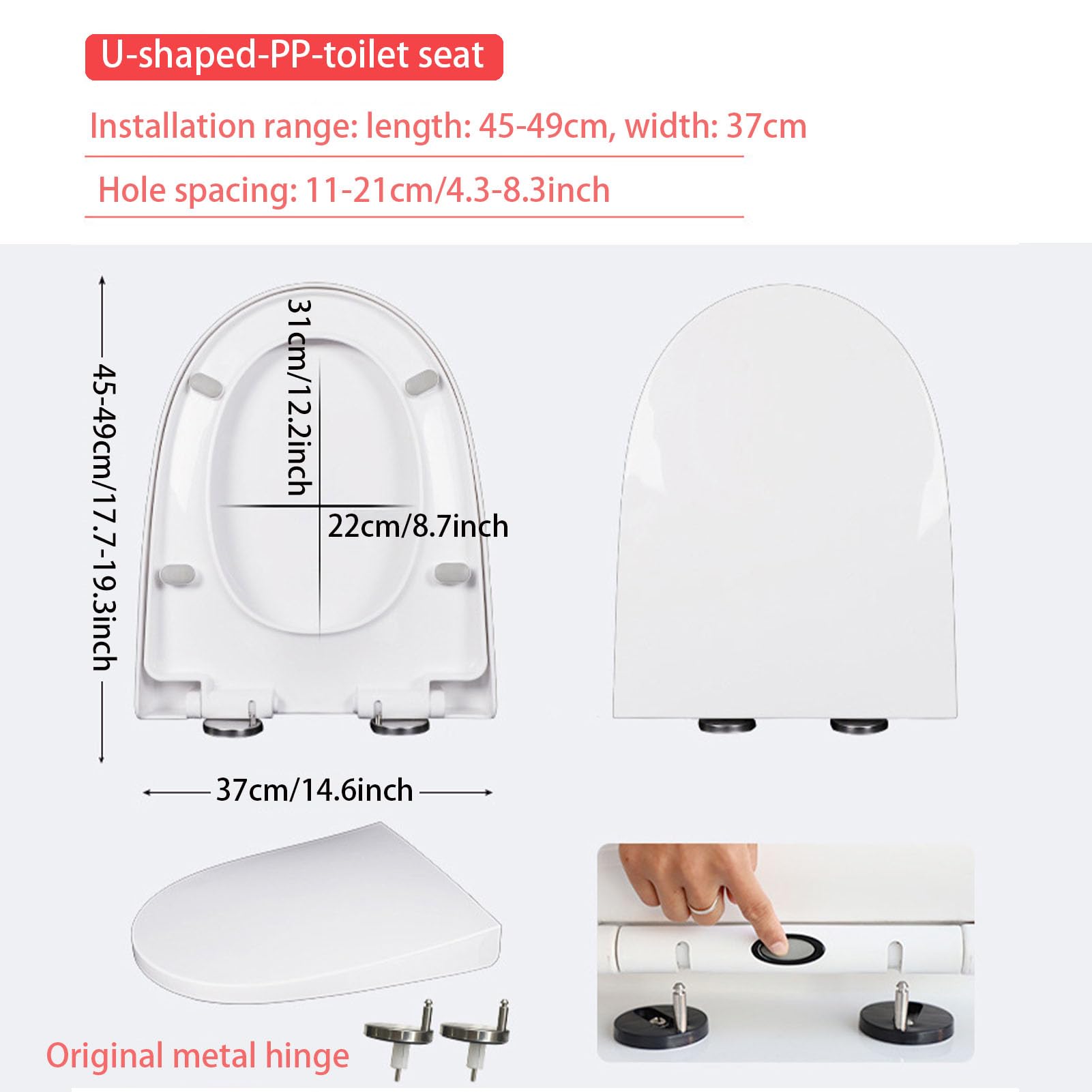 Funda para asiento de inodoro de cierre suave con cierre rápido de clic, bisagra ajustable, tapa de cierre silencioso para una fácil instalación y limpieza, polipropileno duradero, color blanco (47 x