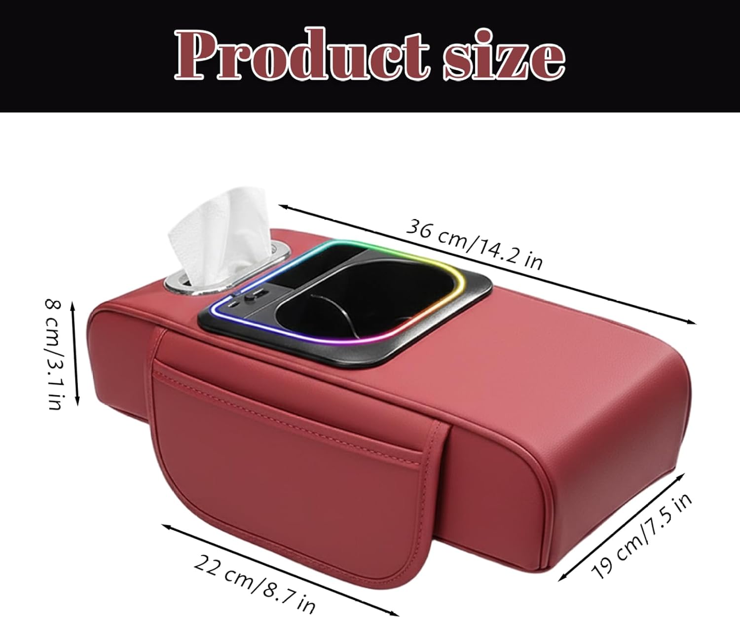Car Armrest Cushion, Leather Center Console Cover with Storage Bags, Phone Slot, Charging Port, Tissue Holder and Cup Holder for SUV, Motorhome, Truck, Claret.