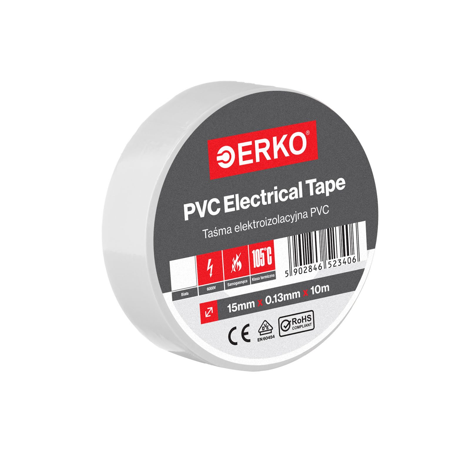 ERKO Taśma izolacyjna, biała, PCW, 15 mm x 10 m, do naprawy przewodów elektrycznych, bardzo elastyczna, o dużej sile klejenia, odporna na działanie środków chemicznych, polichlorek winylu, uniwersalna