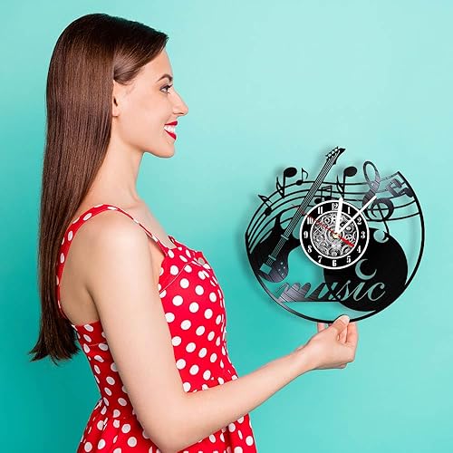 Miniatura 9 de The Geeky Days Electric Guitar with Musical Notes Retro Vinyl Record Wall Clock for Rock Band Music Room Studio Guitarist Musician Home Decor