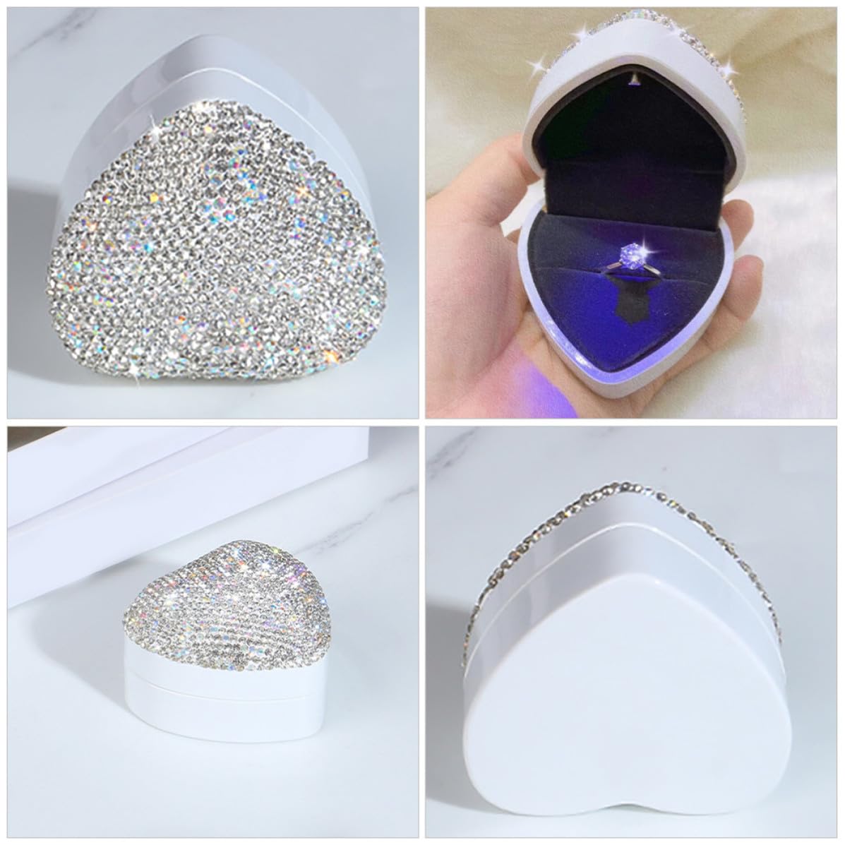 TOPBATHY 4 Pezzi Cofanetto Gioielli a Cuore con Strass, Argento, per Anelli | Plastica Floccata, Inserto Rimovibile, Illuminazione Automatica, per Nozze e Anniversario, Decorazione Romantica