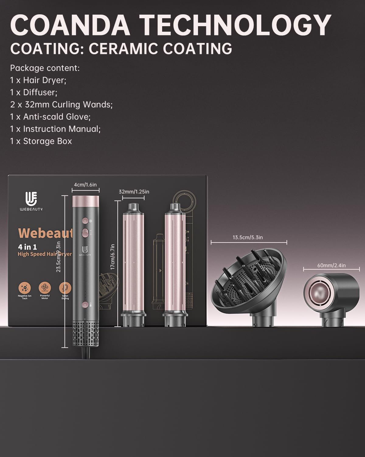 webeauty 4in1 Seche Cheveux Diffuseur Boucle avec Boucleur a Cheveux | 110,000 TR/Min,30M/S, Seche Cheveux Professionnel avec Boucleur Automatique,Diffuseur, 500 Millions d'ions Négatifs Airstyler