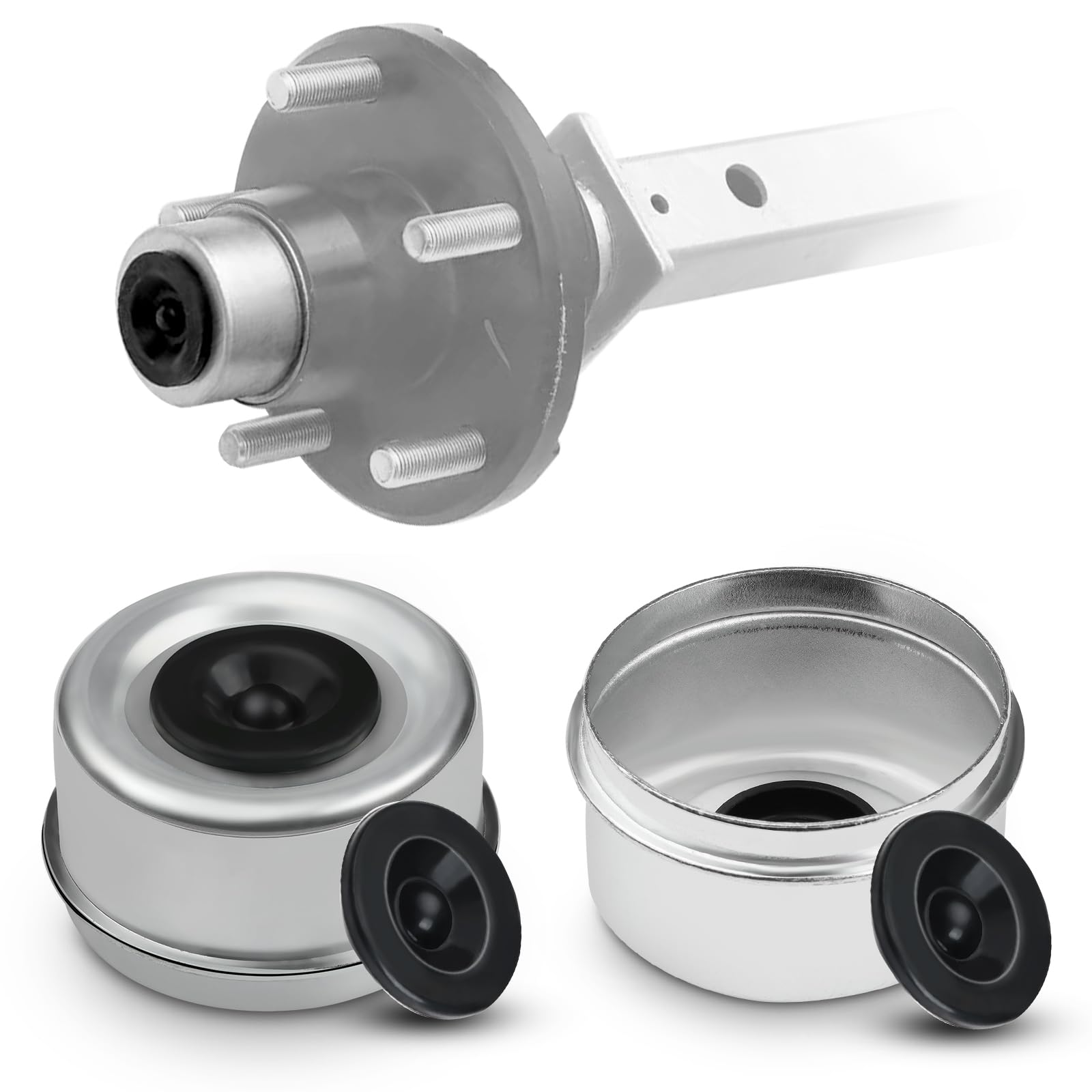 Klmnduo 2PCS 2.44" Trailer Axle Wheel Hub Dust Cap Trailer Bearing Dust Cap with 4 Rubber Plugs -Wheel Center Caps Grease Covers for Trailers, Fits