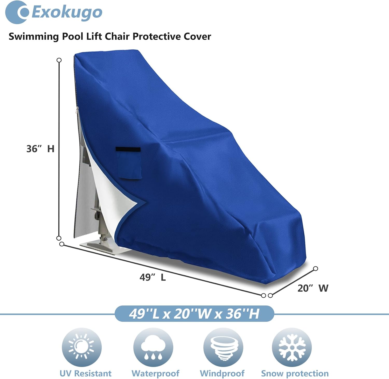 Pool Lift Cover - 600D Heavy Duty Waterproof Cover for Global Lift Corp Inground Pool Lift Chairs, Outdoor Pool Accessories, (Blue, 49" x 20" x 36")