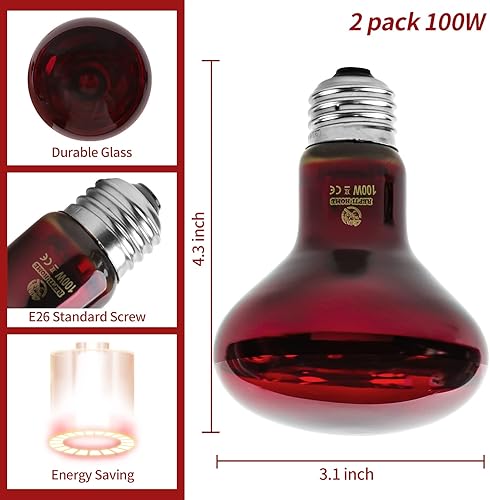 Miniatura 5 de REPTI HOME Paquete de 2 bombillas infrarrojas de calor para reptiles, reptiles de 100 W y anfibios, bombilla infrarroja emisora de calor para pollos
