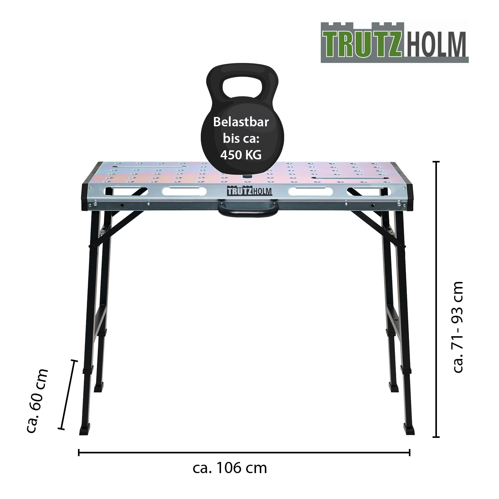 TRUTZHOLM Schweißtisch klappbar 450kg 7-Fach höhenverstellbar 71-93cm Werkbank mit Lochraster Arbeitsfläche 106 x 53 cm Werkstatttisch für Schweißen Montage Garage Metallbearbeitung