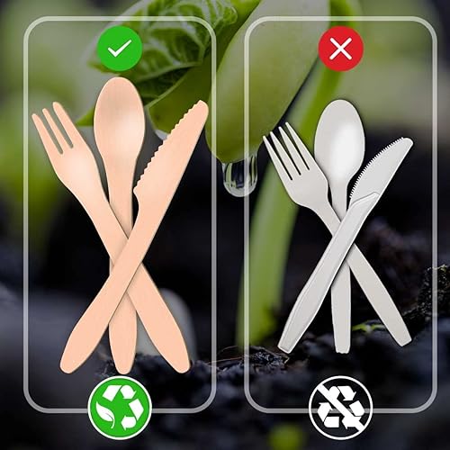 Miniatura 4 de Juego de cubiertos de madera desechables de 100 cucharas + 100 tenedores + 100 cuchillos, boda, Navidad, fiesta de cumpleaños, cubiertos de madera