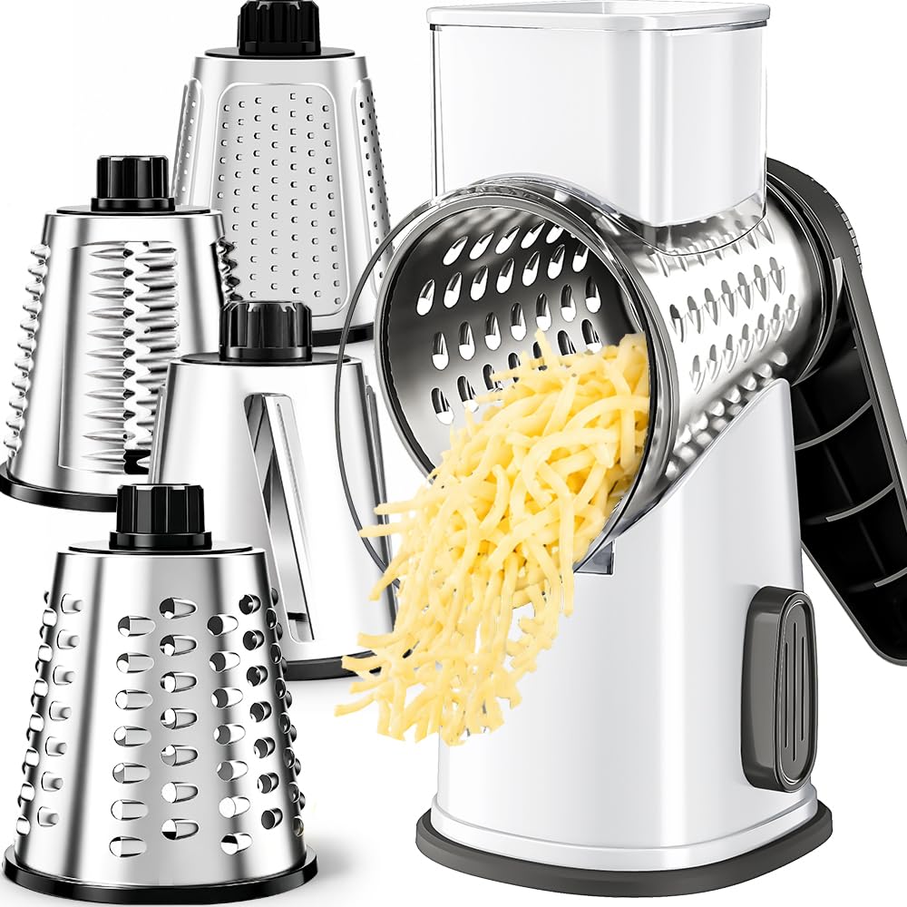 VEKAYA Rotary Cheese Grater Hand Crank, Large Drum Cheese Shredder White