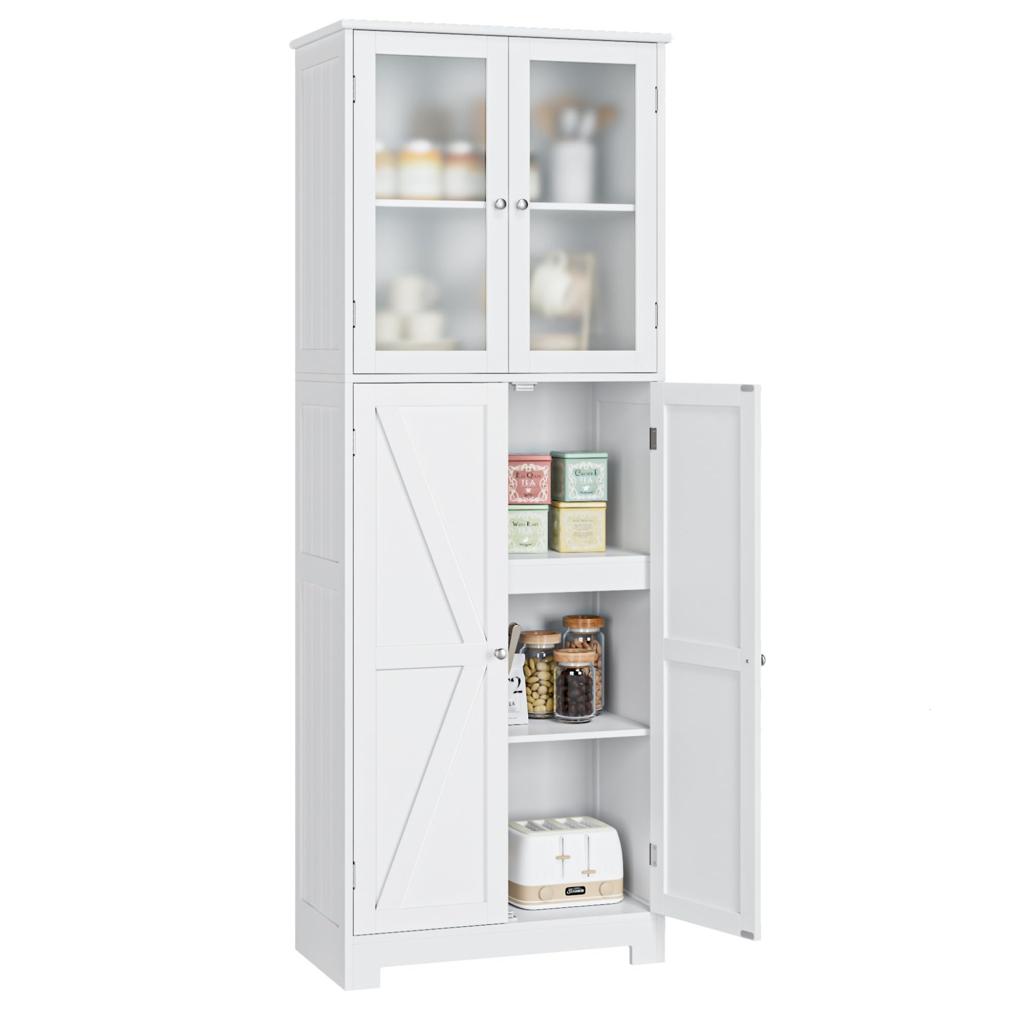 KOMFOTTEU Keukenkast, 166 cm hoog, hoge kast met 3 deuren, 2 laden en 4 open planken, buffetkast, badkamerkast voor badkamer, woonkamer, eetkamer ( wit