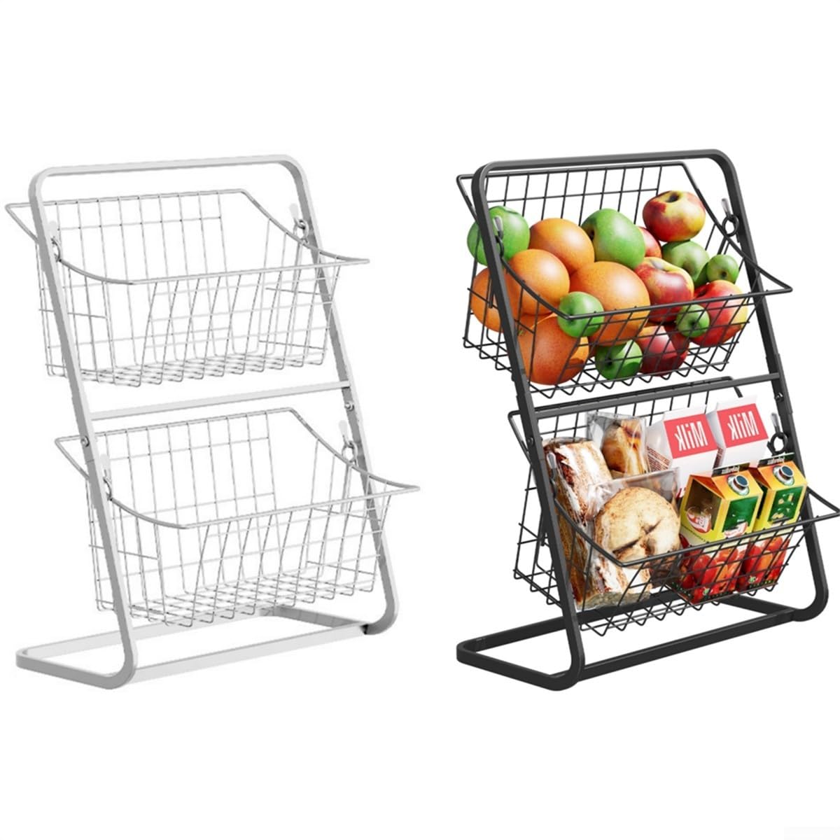 Cestino per frutta a 2 ripiani, in metallo, con manico in legno, organizer da cucina per frutta, verdura, cestino per pane, impilabile, 37 x 28 cm (bianco)