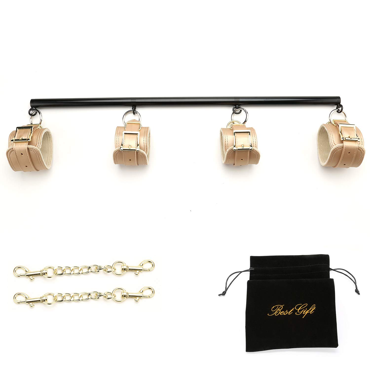EXREIZST Adjustable 3 in 1 Spreader Bar Set with 4 Soft Fur Leather Straps 2 Chains Expandable Fitness Sports Exercise Training Tool Kit, Black and Gold