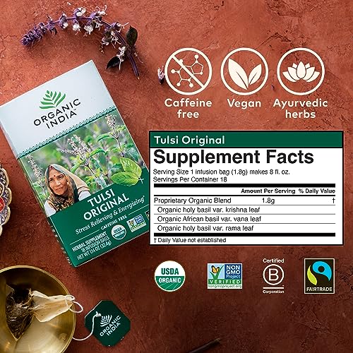 Image of Organic India Tulsi Original Herbal Tea - Holy Basil, Stress Relieving & Energizing, Immune Support, Adaptogen, Vegan, USDA Certified Organic, Non-GMO, Caffeine-Free - 18 Infusion Bags, 1 Pack