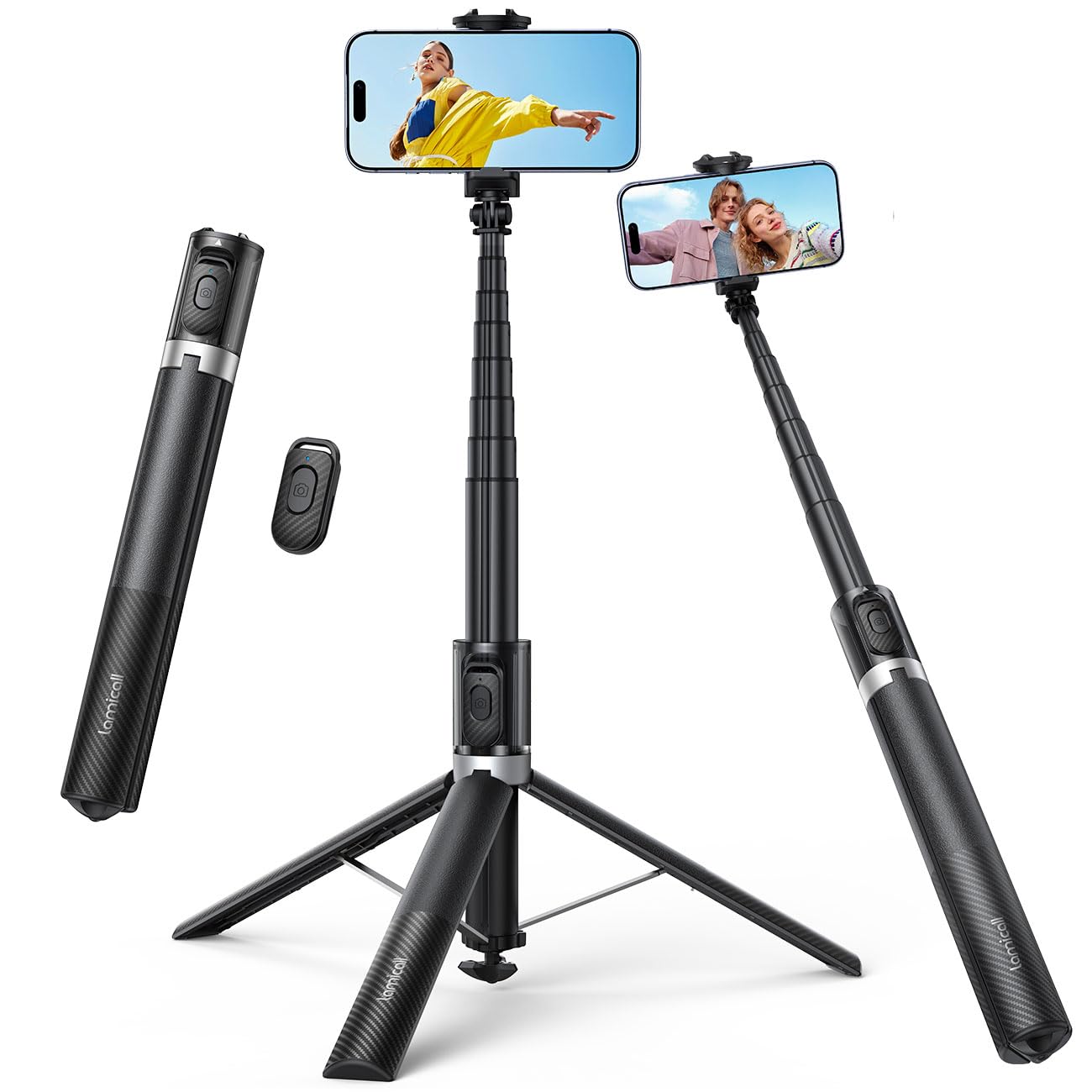 Lamicall 65" Phone Tripod, Selfie Stick - [Tap-to-Open] Selfie Stick with Remote & Cold Shoe, Extendable Phone Stand, Travel Tripod Compatible with iPhone/Android for Filming, Live Stream, Vlog, Black