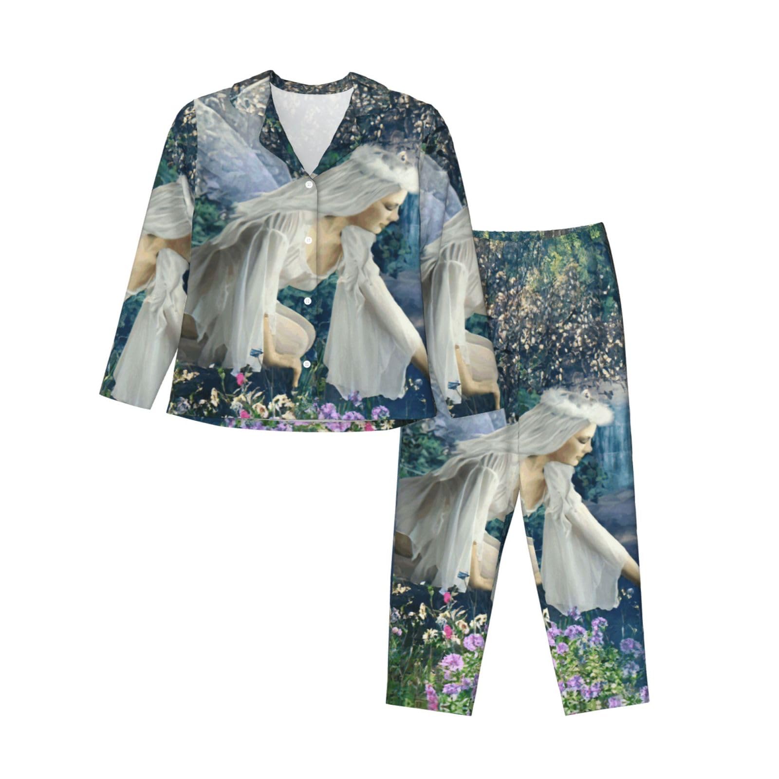 Yagdaa Women's Black Lake Fairy Print Pajama Sets With Pockets Long Sleeve Button Down Lounge Sleepwear Nightwear Pjs
