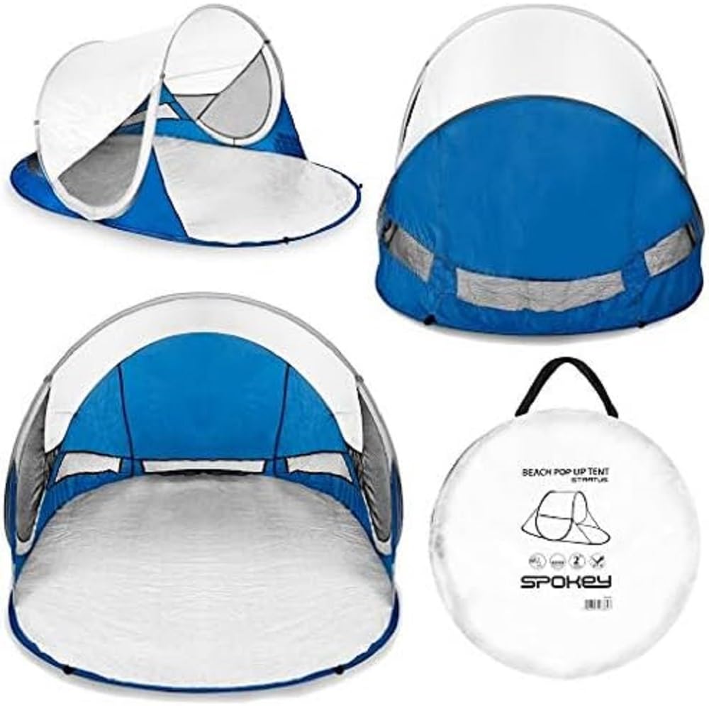 Spokey Stratus - Tienda de Playa de 195 x 100 x 85 cm, 100% poliéster con protección UV 40, Varillas de Fibra de Vidrio, autoensamblante Gracias a la función Pop-up, Fondo Impermeable, con Bolsa de