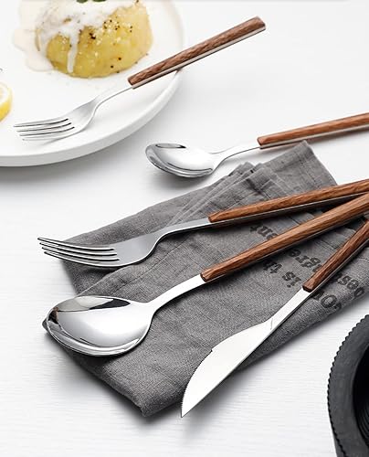 Miniatura 6 de Juego de cubiertos de madera para 6 cubiertos de acero inoxidable de alta calidad, juego de 30 piezas de cubiertos de madera, incluye cuchillos,