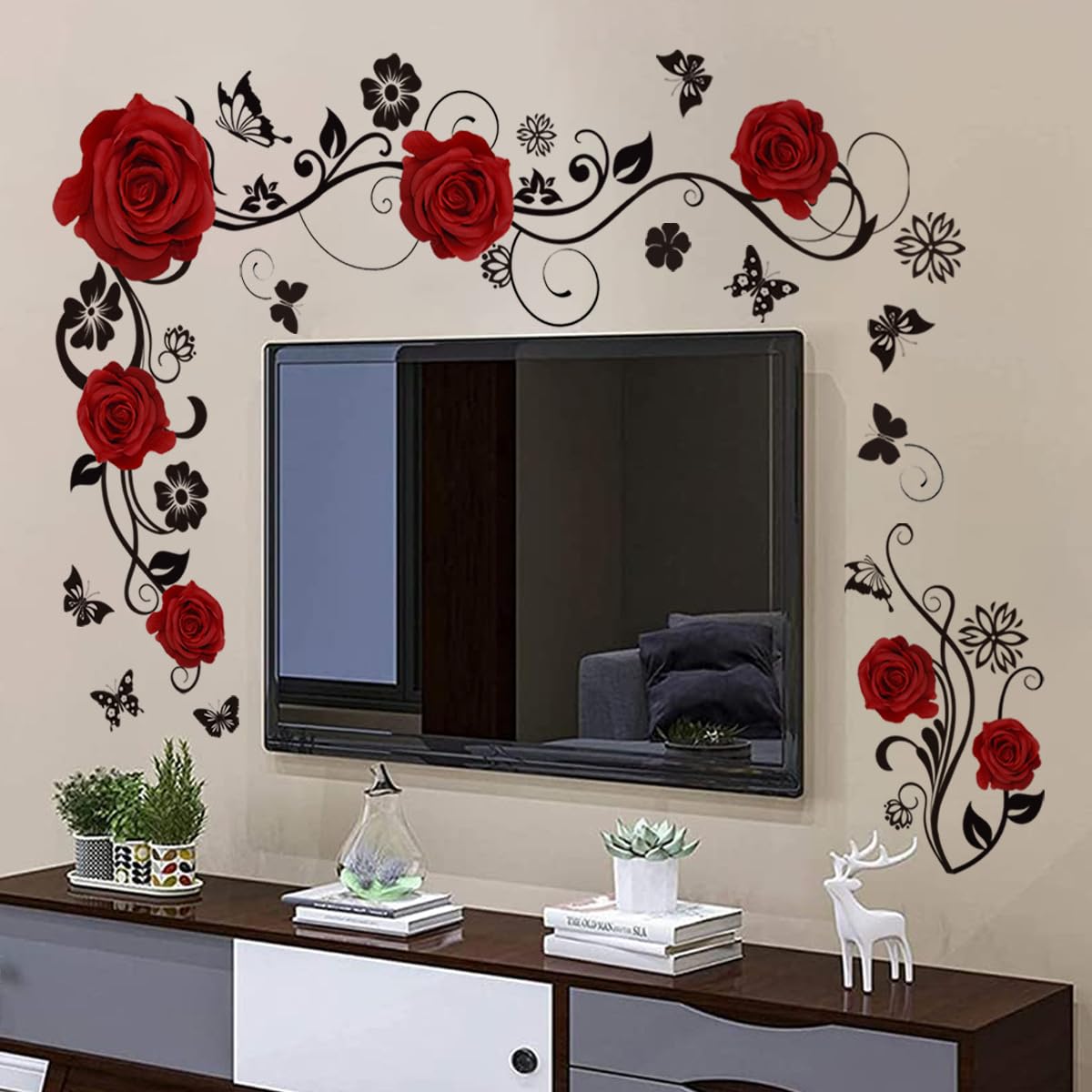 HGDESIGN® Wandtattoo Wandaufkleber Rot Rosen Blumenranke Wohnzimmer Schlafzimmer Wandsticker Wandbild Wanddeko Selbstklebend (Rot)