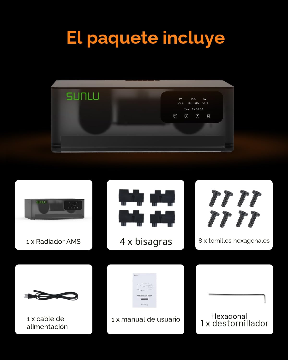 SUNLU Oficial AMS Heater, Secado e impresión simultáneos, Secador de filamento para impresoras 3D AMS Gen 1, Control inteligente de humedad, Hasta 70 °C en 20 minutos, Capacidad para 4 bobinas