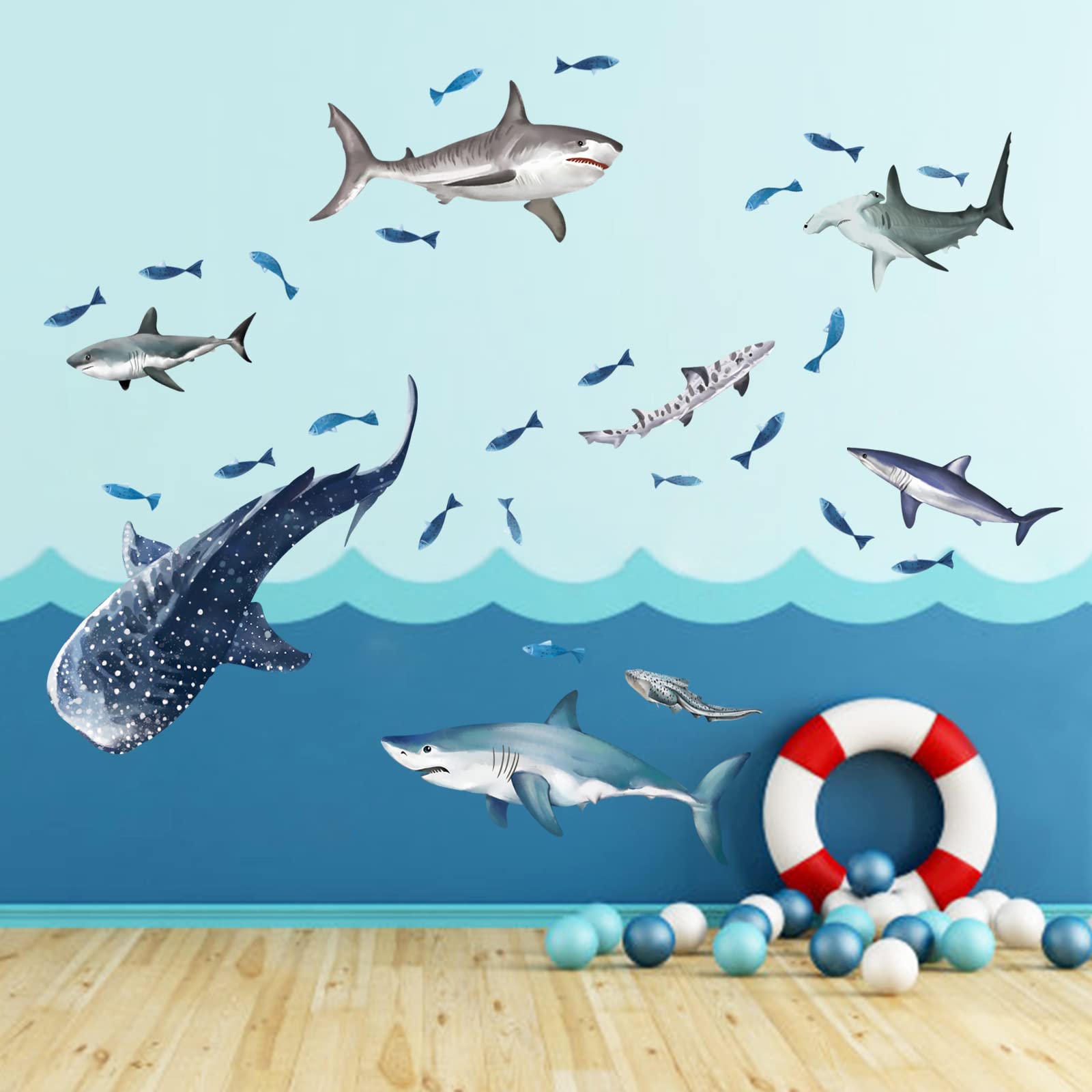 wondever Sharks Wall Stickers Under The Sea Fish Peel and Stick Wall Art Decals for Kids Room Baby Nursery Bathroom - Image 3