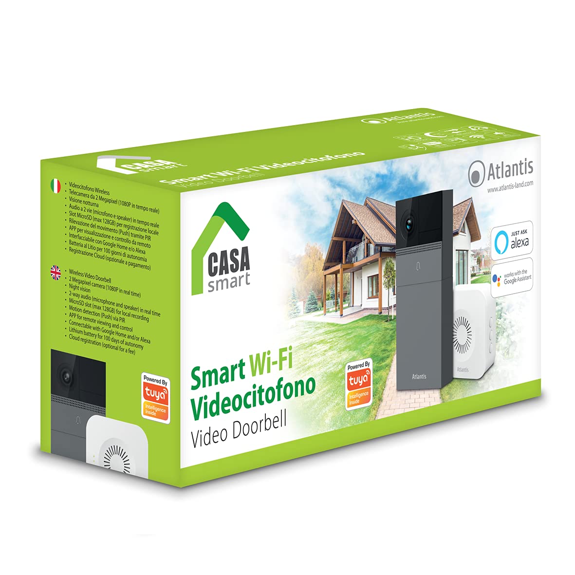 ATLANTIS VideoCitofono DB910 Wireless da Esterno Telecamera 2MP Full HD Sensore PIR Compatibile Google Home/Nest ed Amazon Alexa Echo Show IR led Slot micro-SD Campanello, APP di gestione, Grigio
