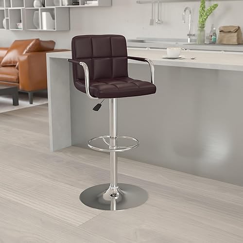Miniatura 73 de Flash Furniture Taburete de bar de altura ajustable de vinilo acolchado gris contemporáneo con brazos y base cromada Gris,Marrón,Negro