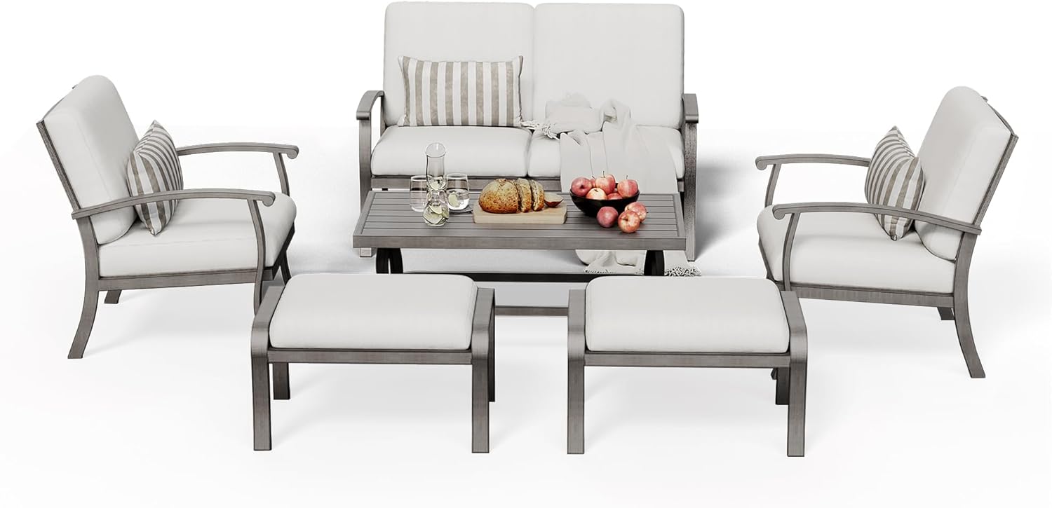 Aluminum Patio Furniture Set with Coffee Table 6 Pieces, Sectional Loveseat and Armchairs with Cushion and Ottomans, Modern Outdoor Conversation Set for Poolside Backyard Deck, Grey