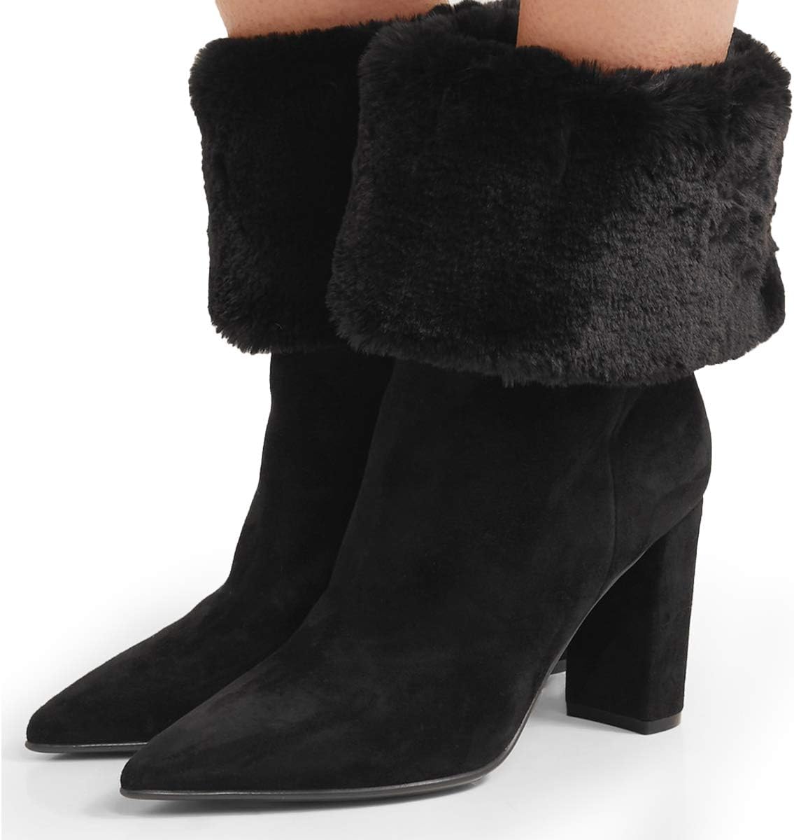 YDN Women Pointed Toe Ankle Boots Fur Cuff Block High Heel Booties Snow Winter Warm Outdoor Shoes Size 4-15 US