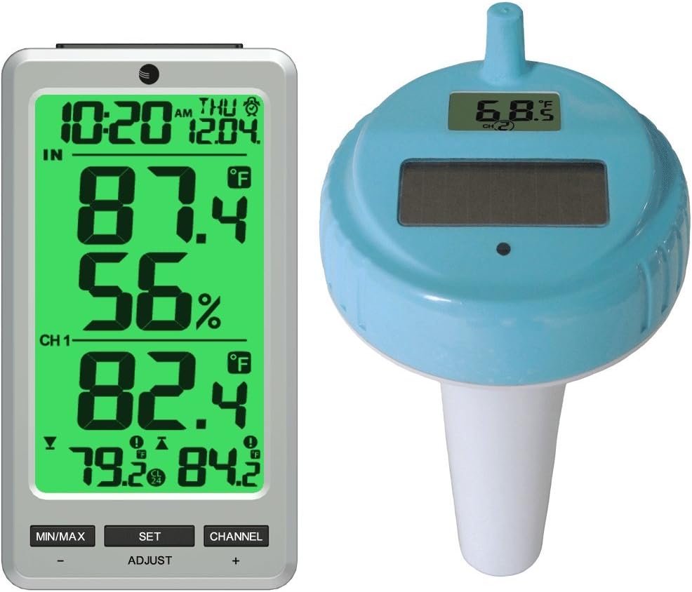 Ambient Weather WS-25 Wireless 8-Channel Floating Pool and Spa Thermometer with Indoor Temperature and Humidity
