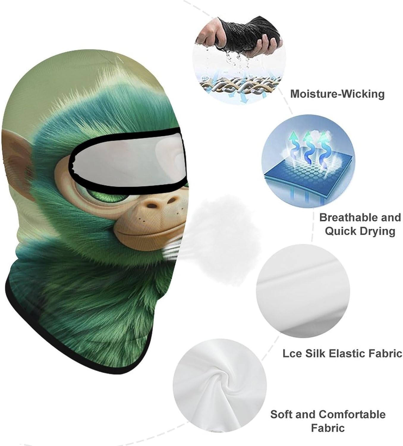 Green Clever Monkey Balaclava Ski Mask Sun Protection Breathable Full Head Mask Full Face Mask Neck Gaiter Windproof Scarf for Motorcycle Skiing Cycling