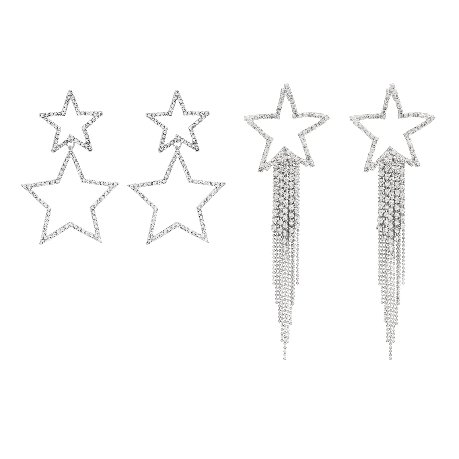 Silver Rhinestone Star Earrings Dangle Country Concert Earrings Sparkle Long Tassel Earrings for Women Dangling Wedding Prom
