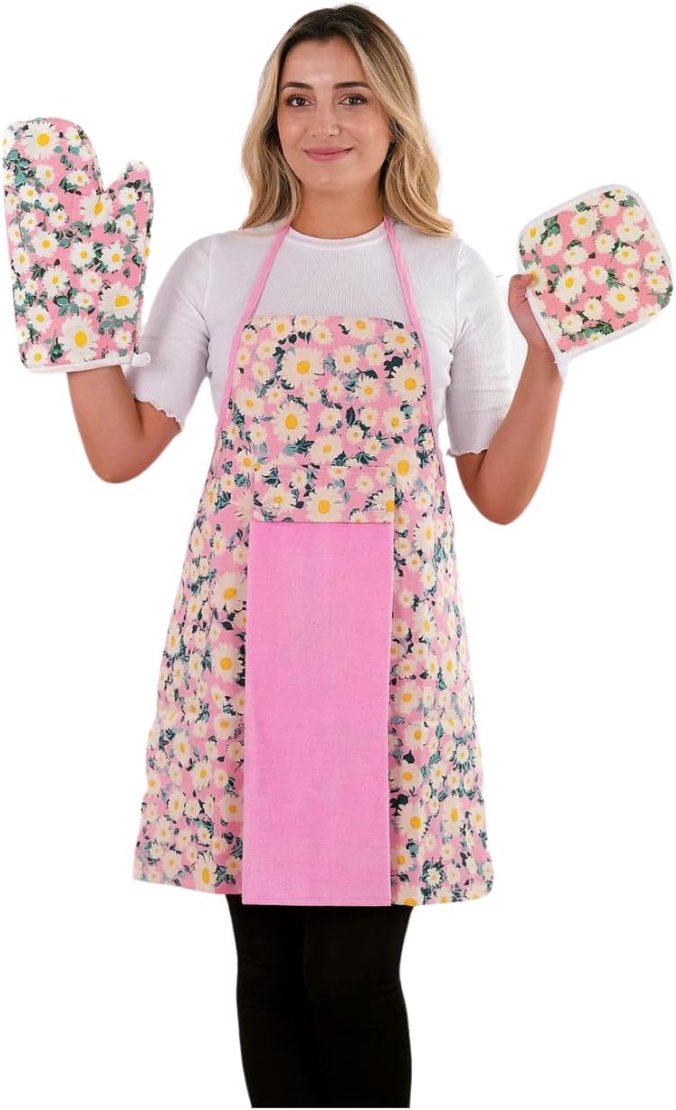 Floral Kitchen Apron and Oven Mitt Set-(4 pieces); Multicolor Waterproof Apron - Oven Mitt - Pot Holder - Hand Towel