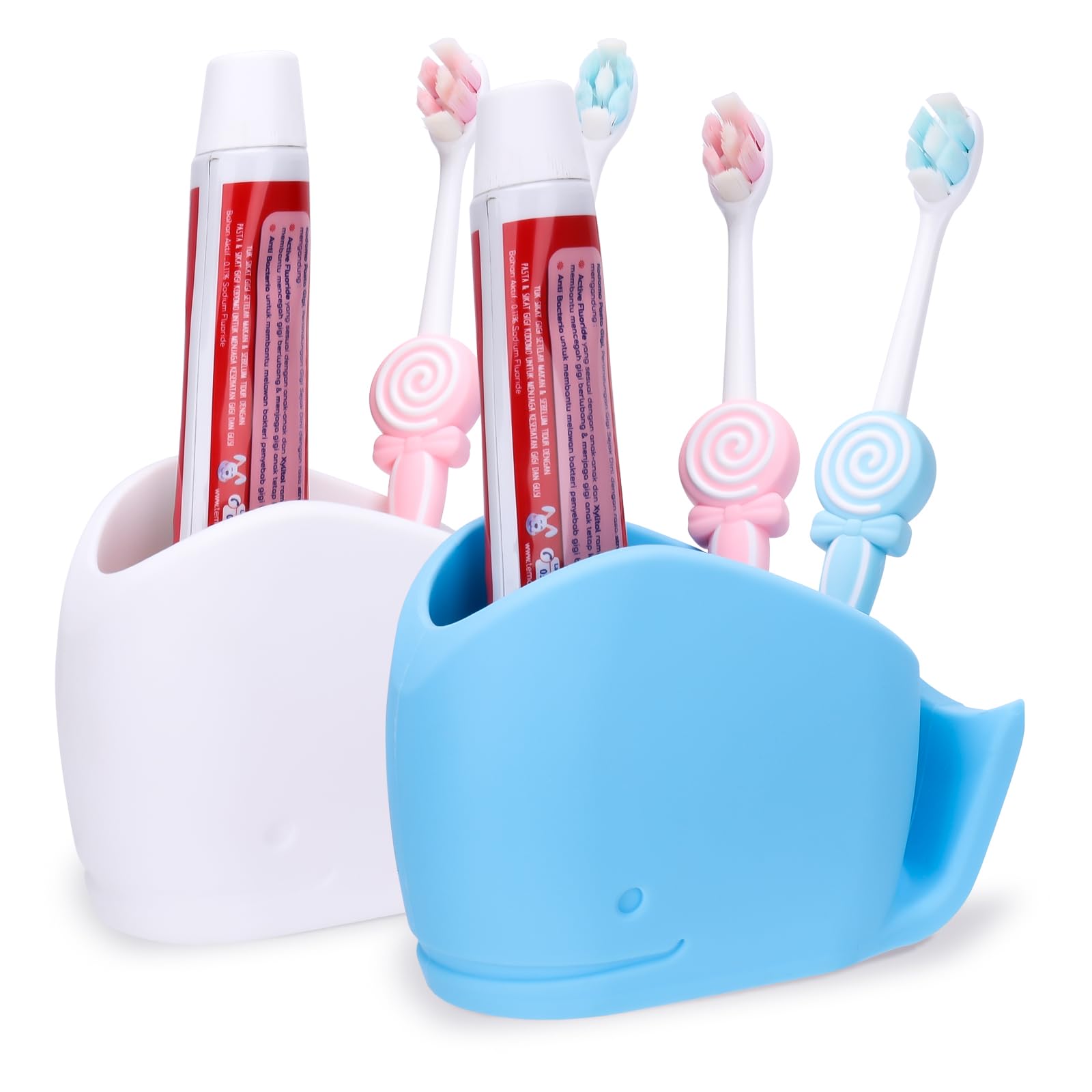 2Pcs Cute Kids Whale Toothbrush Holder, Toddler Fun Ocean Animal Toothbrush Organizer, Blue and White, Silicone Whale Bathroom Decor