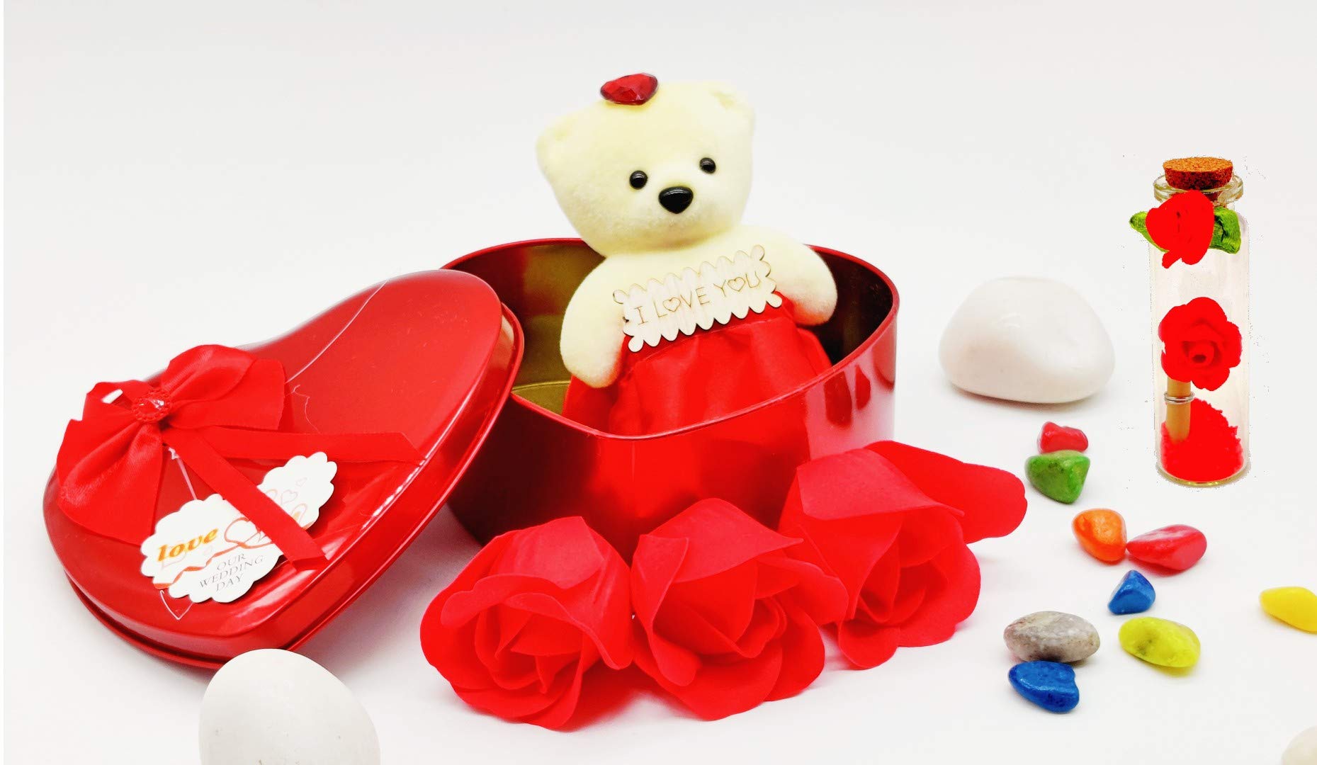 Valentine Gifts Set for Girlfriend Wife Fiance Special Loving Person and for Love (Heart Box with Teddy & Flowers and 1 Msg Pills)-image-38
