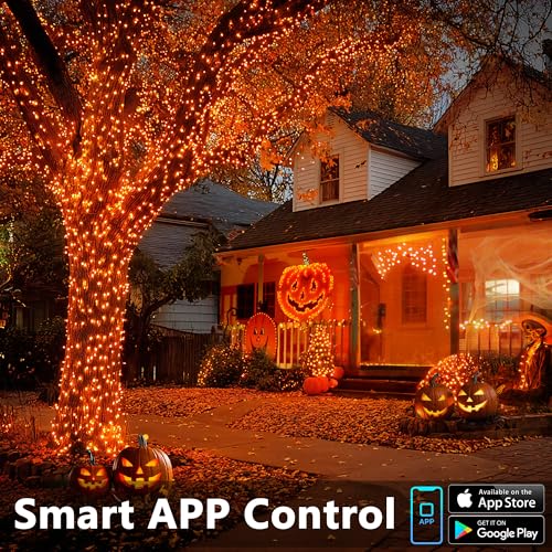 Image of Brizled Smart Halloween Lights, 300 LED 98FT Orange & Purple Color Changing String Lights APP & Voice Control, Music Sync, Dimmable Ghostfire Flow Light for Outdoor Indoor Halloween Thanksgiving Decor