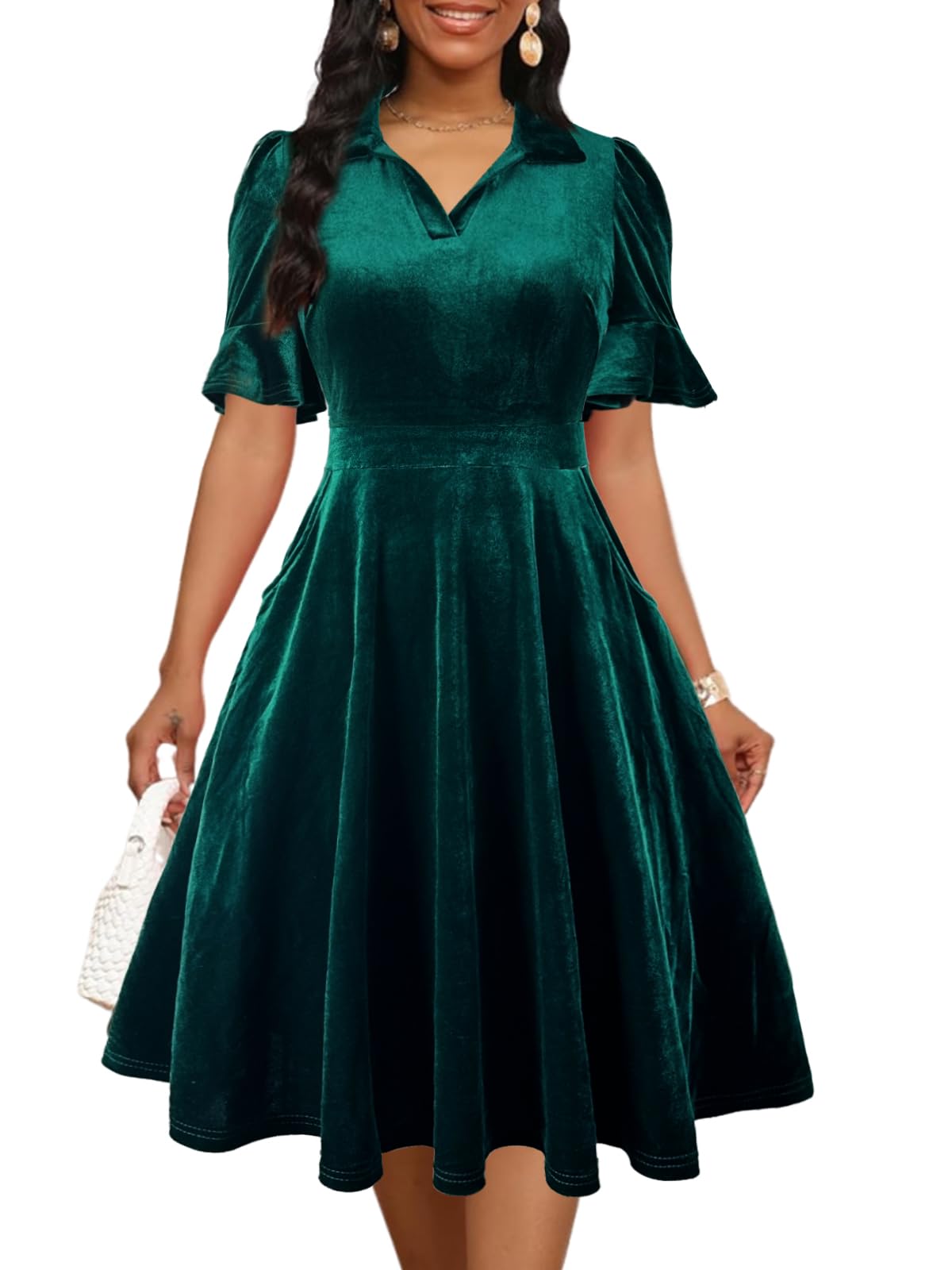 Womens Summer Ruffle Sleeve Collared V Neck Fit and Flare Elegant A line Swing Dresses with Pockets