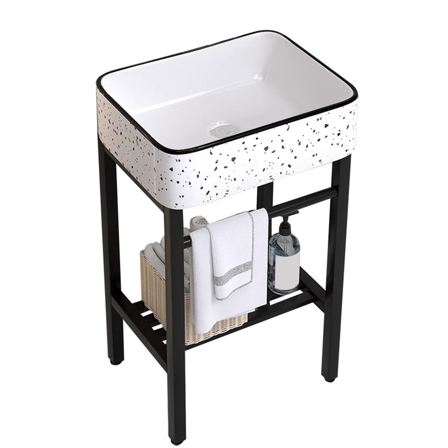 Fregadero de cerámica con estante de almacenamiento, lavabo independiente para baño de granja y lavandería, grifo frío individual estilo A 48 x 37 cm, grifo de pistola pulverizadora, estilo A